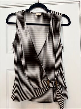Hem & Thread Black and Cream Striped Wrap Tank with Tortoiseshell Buckle